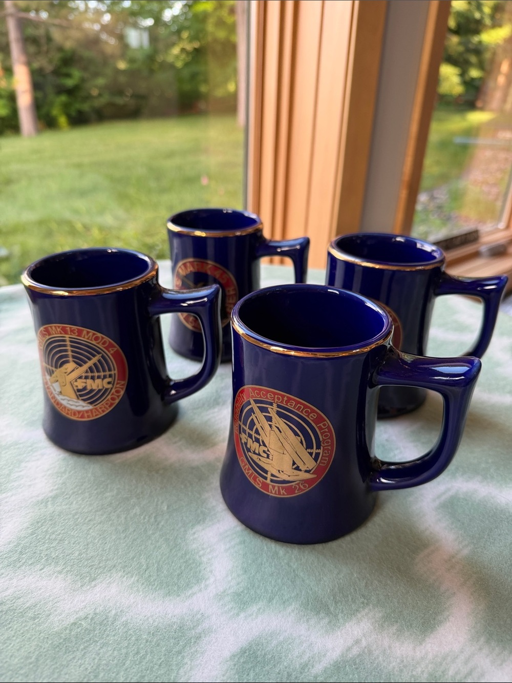 Vintage FMC Military Defense Contractor Blue Ceramic Logo Mugs - Set of 4